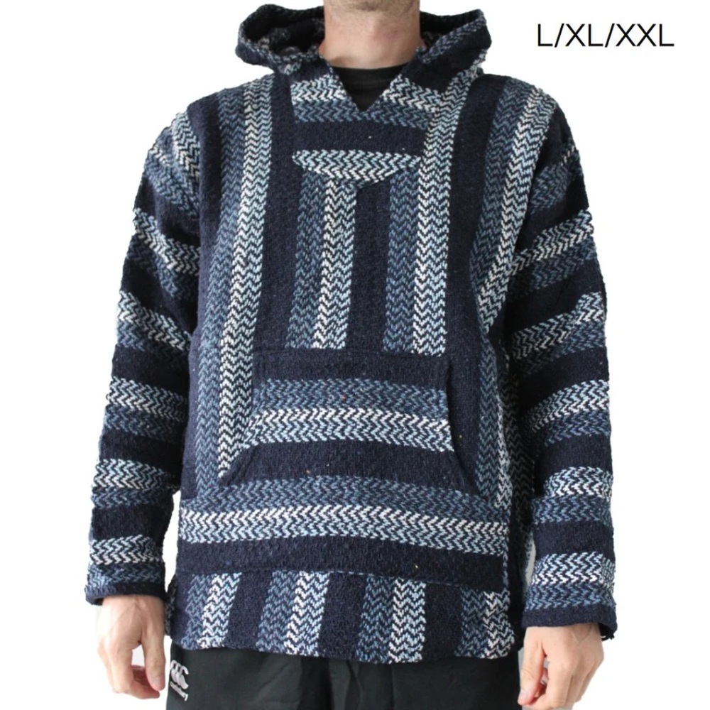 Baja Joe striped woven eco-friendly hoodie in navy blue, light blue, and white